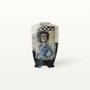 Vasenobjekt mit Portraits beidseitig bedruckt mit Holzschnitten